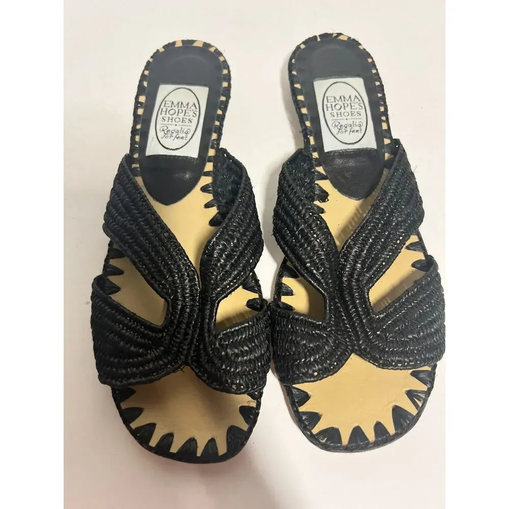 Emma Hope EUC Black Raffia H Sandal Slip On Slide Size 37 EU 7 US